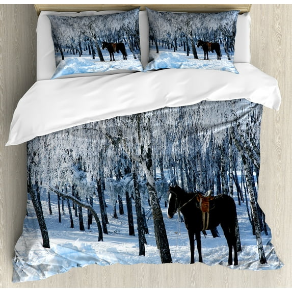 Animal Duvet Cover Set, Horse between Trees in the Winter Forest Frozen Woods Icy Land Nature Picture, Decorative 3 Piece Bedding Set with 2 Pillow Shams, Queen Size, Brown White, by Ambesonne