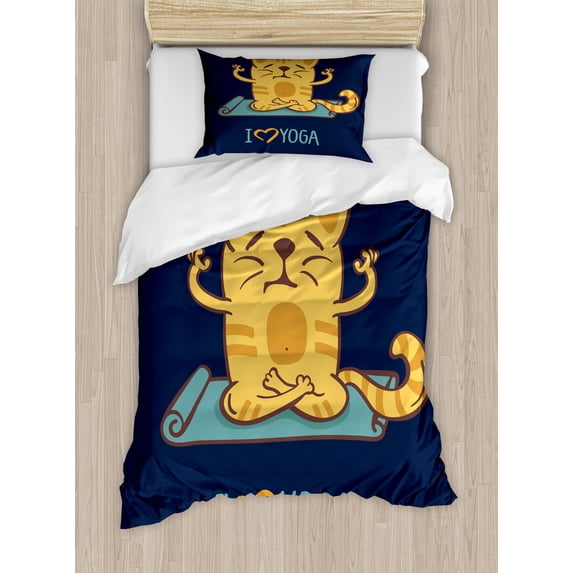 Animal Duvet Cover Set, I Love Yoga Theme Cartoon Cat Exercise Mat Lotus Position, Decorative 2 Piece Bedding Set with 1 Pillow Shams, Twin Size, Pale Blue Dark Blue, by Ambesonne