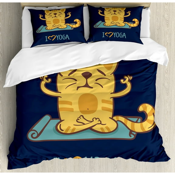 Animal Duvet Cover Set, I Love Yoga Theme Cartoon Cat Exercise Mat Lotus Position, Decorative 3 Piece Bedding Set with 2 Pillow Shams, Calking Size, Pale Blue Dark Blue, by Ambesonne