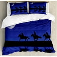 thumbnail image 1 of Animal Duvet Cover Set, Illustration with Silhouettes of a 3 Men on Horse Galloping at Night, Decorative 3 Piece Bedding Set with 2 Pillow Shams, Calking Size, Indigo and Charcoal Grey, by Ambesonne, 1 of 3
