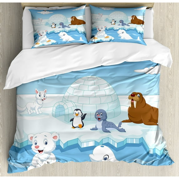 Animal Duvet Cover Set, Image of Arctics Animals Polar Bears Seal Penguins Wolfs Whales Work of Art, Decorative 3 Piece Bedding Set with 2 Pillow Shams, Queen Size, Sky Blue and White, by Ambesonne