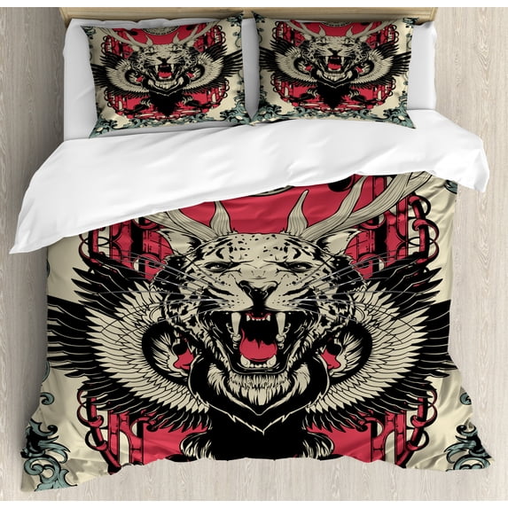 Animal Duvet Cover Set King Size, Abstract Gothic Drawing of a Leopard Head with Horns and Wings Floral Ornaments Art, Decorative 3 Piece Bedding Set with 2 Pillow Shams, Multicolor, by Ambesonne