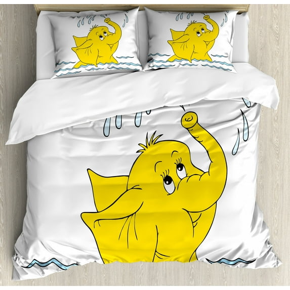 Animal Duvet Cover Set, Cartoon Spraying Water to Air Sea Waves Cheerful Funny Art, Decorative 3 Piece Bedding Set with 2 Pillow Shams, King Size, Pale Blue Yellow, by Ambesonne