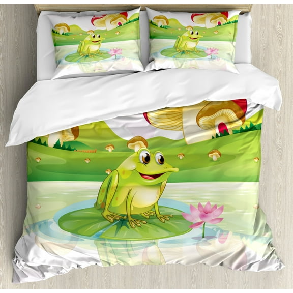 Animal Duvet Cover Set King Size, Illustration of Cute Frog on Water Lily with Mushrooms on the Background Nature Lake, Decorative 3 Piece Bedding Set with 2 Pillow Shams, Multicolor, by Ambesonne