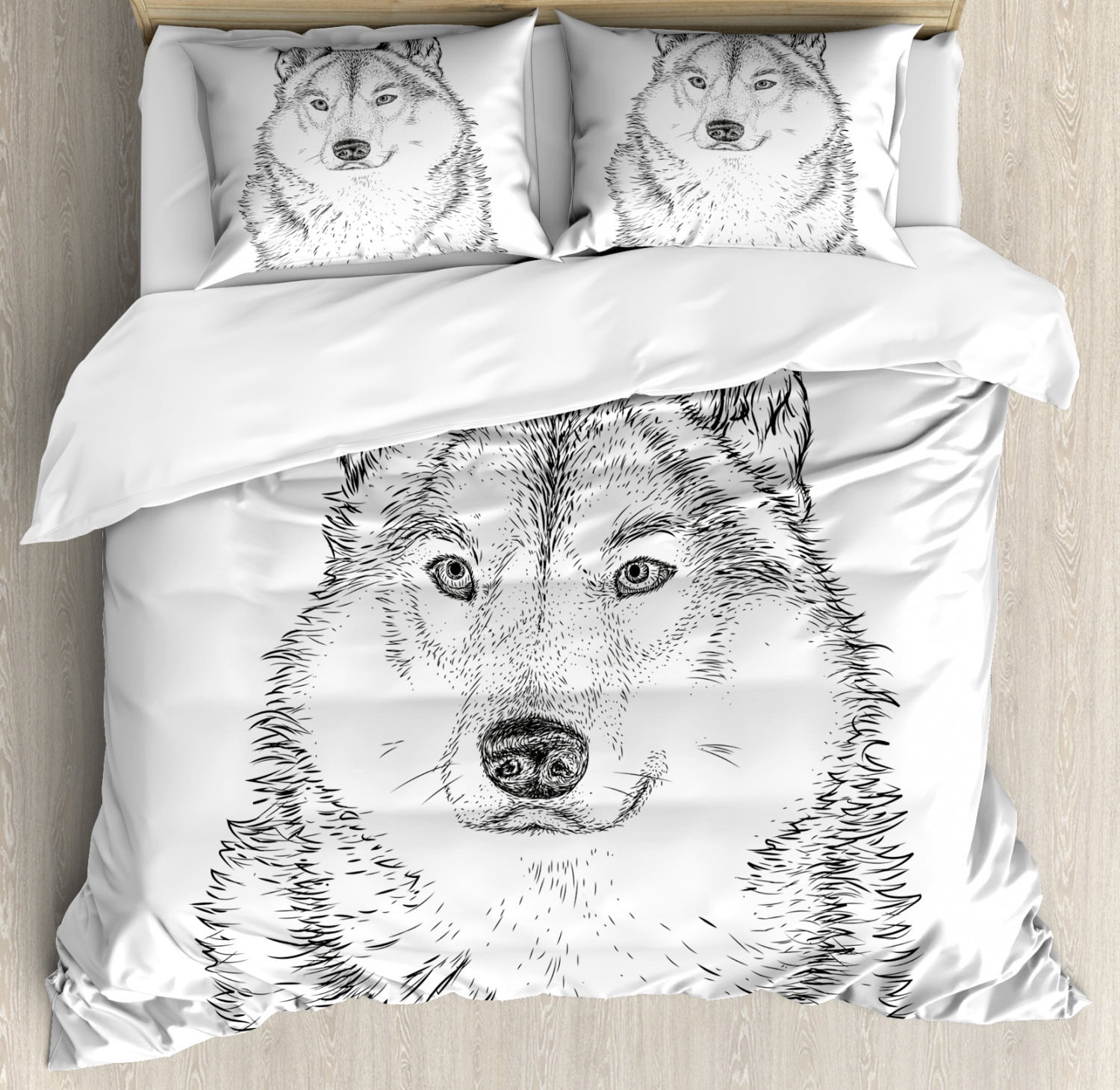 King Size Black and White Wolf Sketch Duvet Cover Set