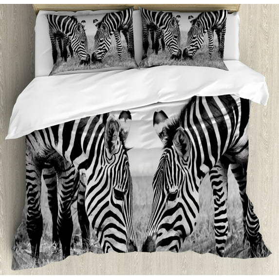 Animal Duvet Cover Set King Size, Zebras African Wildlife Burchell Safari Theme National Park Monochrome Picture, Decorative 3 Piece Bedding Set with 2 Pillow Shams, Black White, by Ambesonne