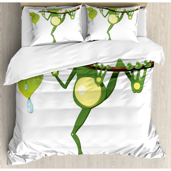 Animal Duvet Cover Set, Little Frog on Branch of the Tree in Rainforest Nature Jungle Life Art Earth, Decorative 3 Piece Bedding Set with 2 Pillow Shams, Calking Size, Green White Yellow, by Ambesonne