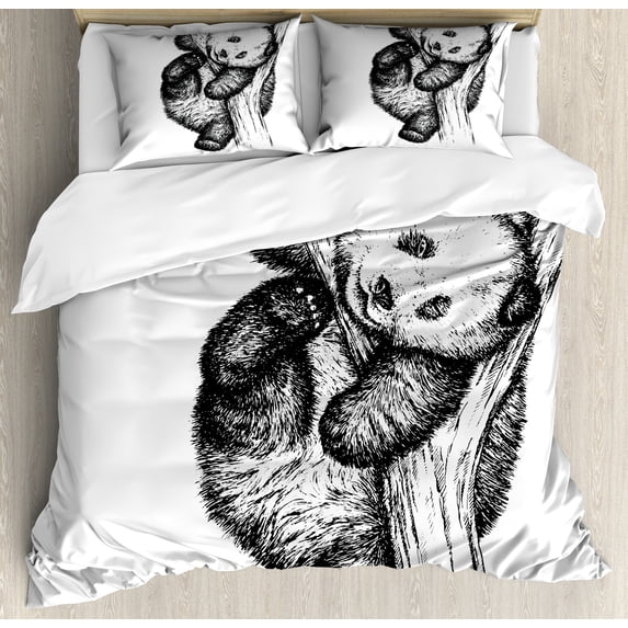 Animal Duvet Cover Set, Little Panda Bear on Tree Branch Fury Tropical Jungle Zoo Sketchy Print, Decorative 3 Piece Bedding Set with 2 Pillow Shams, Queen Size, Black and White, by Ambesonne