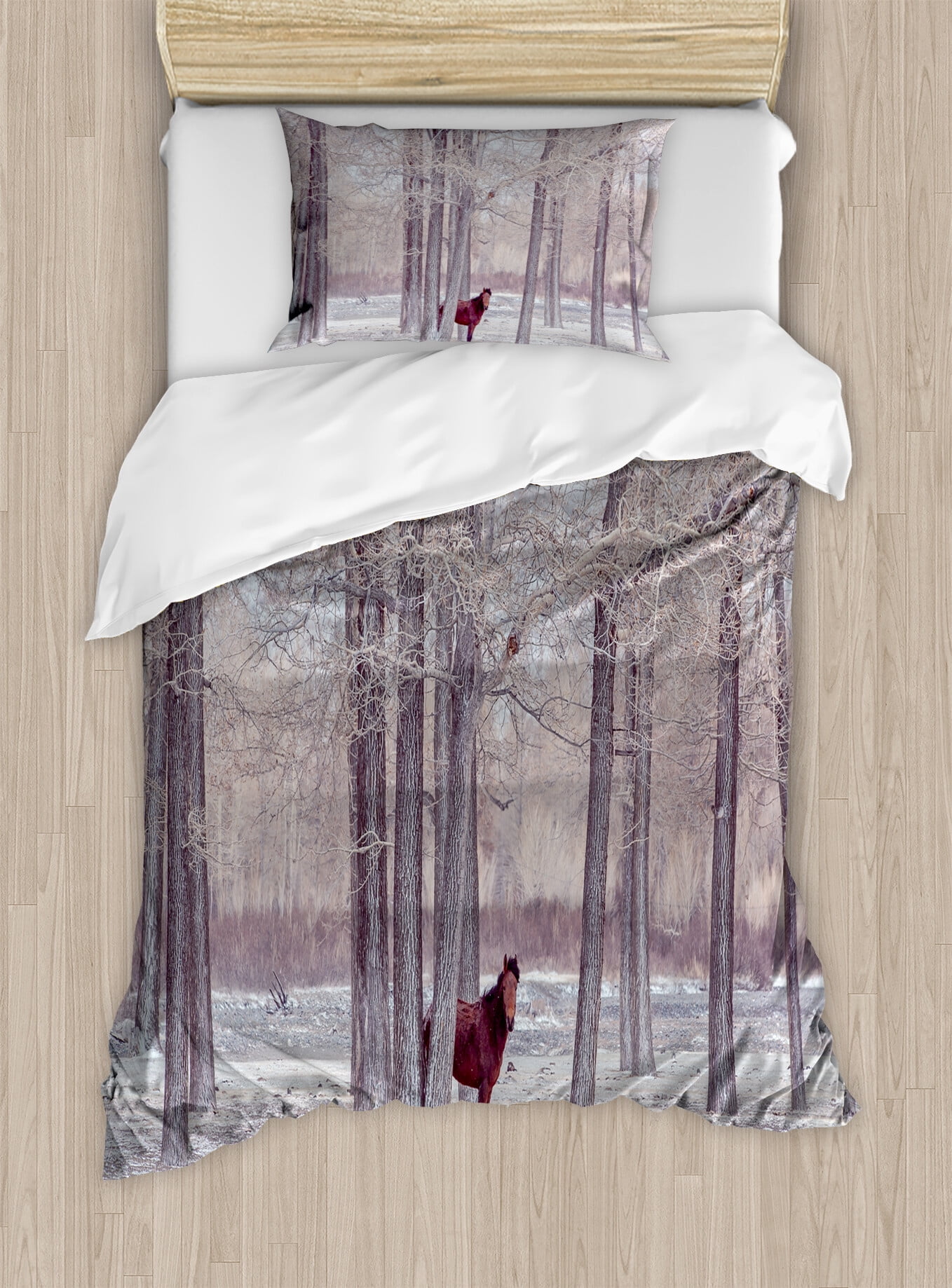 Twin Brown Beige Horse Forest Duvet Cover Set