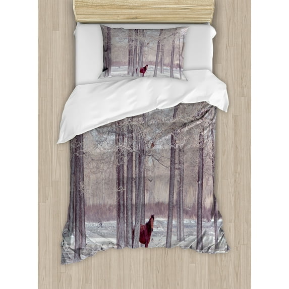 Animal Duvet Cover Set, Lonely Horse in the Forest Stands behind Leafless Trees Winter Snowy Panorama, Decorative 2 Piece Bedding Set with 1 Pillow Shams, Twin Size, Brown Beige, by Ambesonne