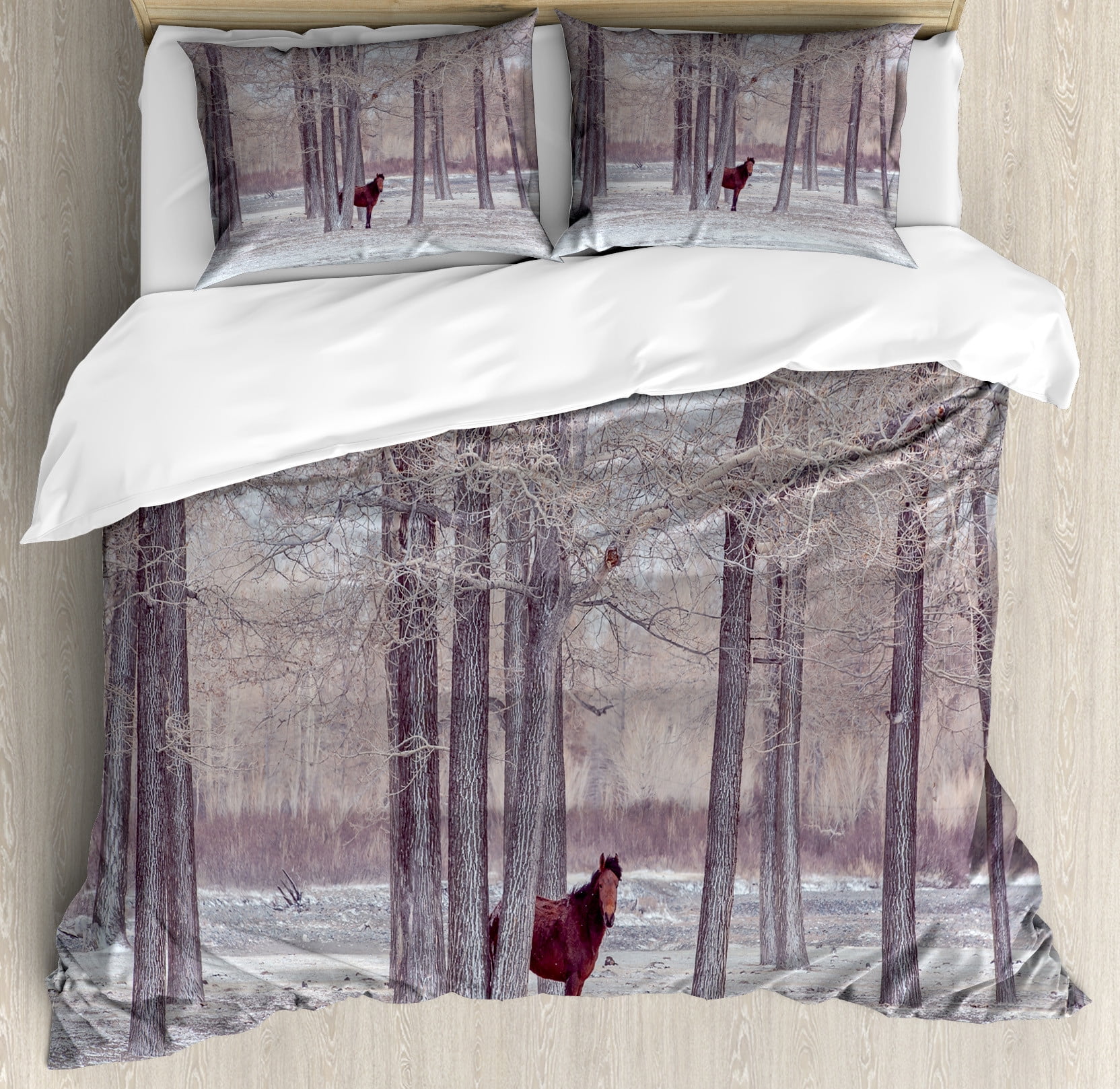 Queen Size Brown Beige Horse Forest Duvet Cover Set