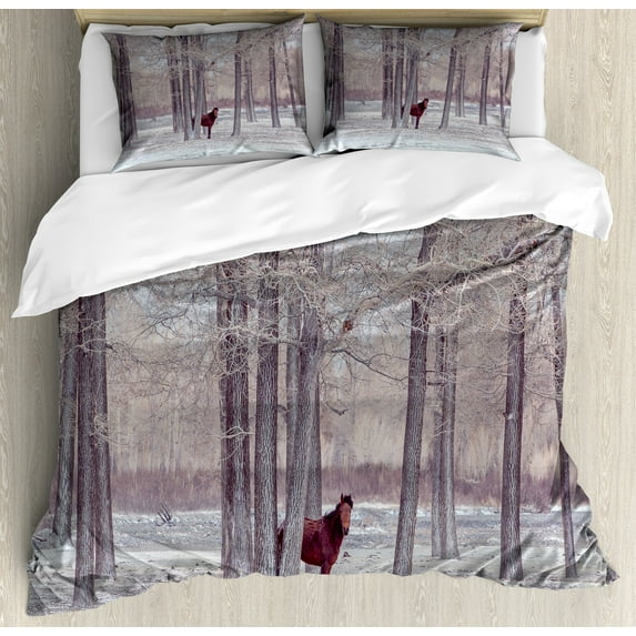 Animal Duvet Cover Set, Lonely Horse in the Forest Stands behind Leafless Trees Winter Snowy Panorama, Decorative 3 Piece Bedding Set with 2 Pillow Shams, Queen Size, Brown Beige, by Ambesonne