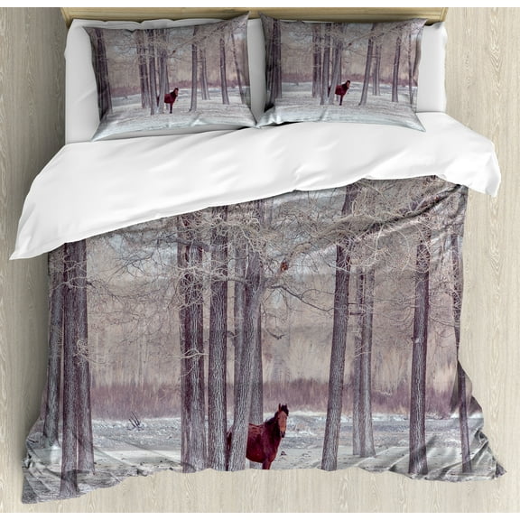 Animal Duvet Cover Set, Lonely Horse in the Forest Stands behind Leafless Trees Winter Snowy Panorama, Decorative 3 Piece Bedding Set with 2 Pillow Shams, Queen Size, Brown Beige, by Ambesonne