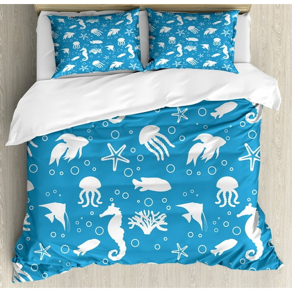 Animal Duvet Cover Set, Mix of Seahorses Pipefishes and Others Swimming Diving Deep Zone Summertime, Decorative 3 Piece Bedding Set with 2 Pillow Shams, King Size, Turquoise White, by Ambesonne