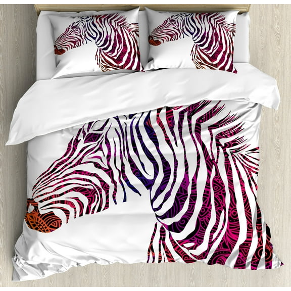 Animal Duvet Cover Set, Modern Ornamental Zebra Profile Silhouette Striped Savannah Theme Art, Decorative 3 Piece Bedding Set with 2 Pillow Shams, Calking Size, Purple Coral and Pink, by Ambesonne