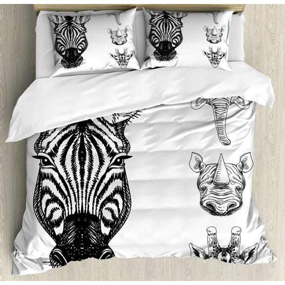 Animal Duvet Cover Set, Monochrome Sketch of Zebra Giraffe Heads Wildlife Animal Zoo Image, Decorative 3 Piece Bedding Set with 2 Pillow Shams, King Size, White and Black, by Ambesonne
