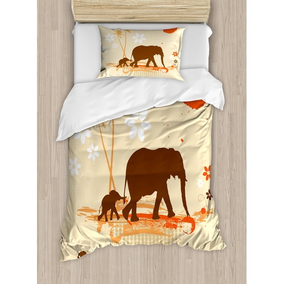 Animal Duvet Cover Set, Mother in Tropical Lands Desert Illustration of Savannah Modern Print, Decorative 2 Piece Bedding Set with 1 Pillow Shams, Twin Size, Orange Brown and Cream, by Ambesonne