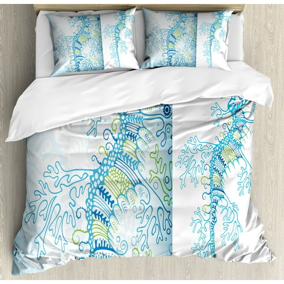 Animal Duvet Cover Set, Ornamental Seahorse Fish Figure in Soft Colors Submarine Underwater Design, Decorative 3 Piece Bedding Set with 2 Pillow Shams, Calking Size, Blue Green, by Ambesonne