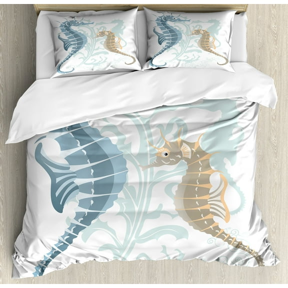 Animal Duvet Cover Set, Pair of Little and Big Fishes in Soft Colors Featured Design Tropical Creatures, Decorative 3 Piece Bedding Set with 2 Pillow Shams, Queen Size, Blue Cream, by Ambesonne