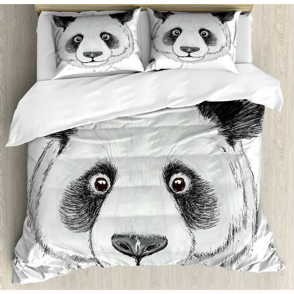 Animal Duvet Cover Set, Panda Fluffy Fat Hand Drawn Illustration Art, Decorative 3 Piece Bedding Set with 2 Pillow Shams, Queen Size, Lime Green White, by Ambesonne