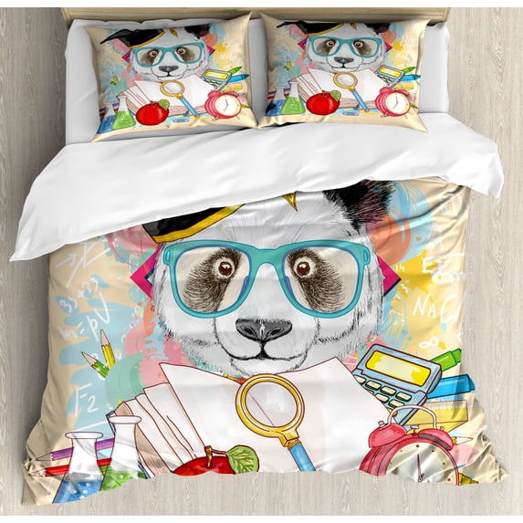 Animal Duvet Cover Set, Panda Goes to Humor Hipster with Glasses Books Pen Graphic Art, Decorative 3 Piece Bedding Set with 2 Pillow Shams, Queen Size, Multicolor, by Ambesonne