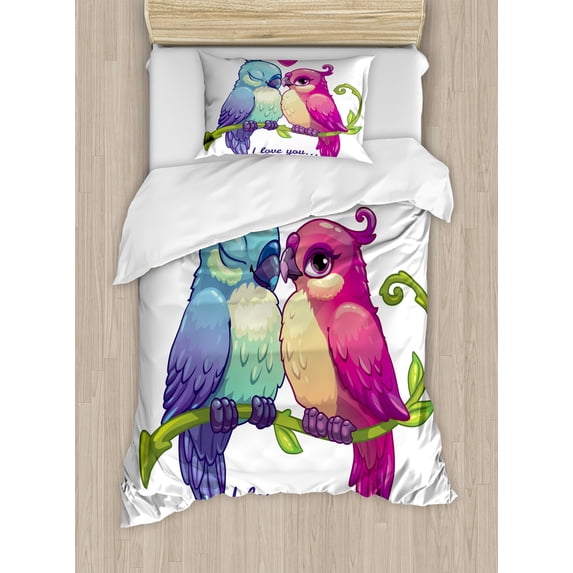 Animal Duvet Cover Set, Parrot Couple on the Branch with Heart Deep Intimate Mutual Feelings Art, Decorative 2 Piece Bedding Set with 1 Pillow Shams, Twin Size, Pink Teal White, by Ambesonne
