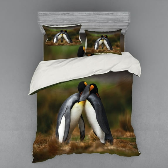 Animal Duvet Cover Set, Penguin Couple Cuddling in Wild Nature Love Affection Romance Falkland Islands Fauna, Bedding Set with Shams and Fitted Sheet, 3 Sizes, by Ambesonne