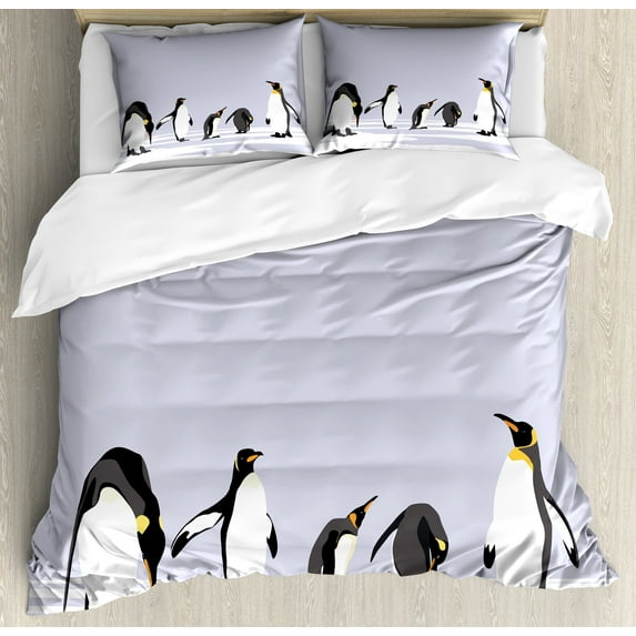 Animal Duvet Cover Set, Penguins on Polar Icy Land Winter Climate Arctic Cold Season Creatures Print, Decorative 3 Piece Bedding Set with 2 Pillow Shams, Calking Size, Lilac Grey White, by Ambesonne