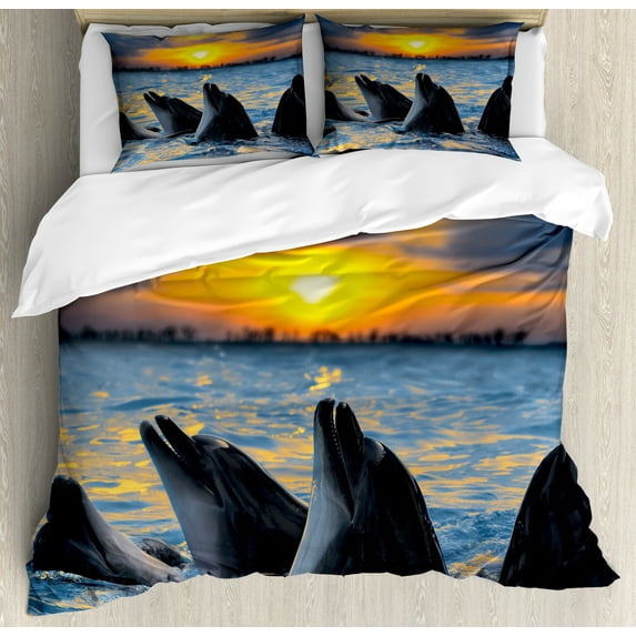 Animal Duvet Cover Set, Photo of the Bottle Nosed Dolphins in Sunset Ocean Sea Animals Aquatic Print, Decorative 3 Piece Bedding Set with 2 Pillow Shams, Calking Size, Blue Grey Orange, by Ambesonne