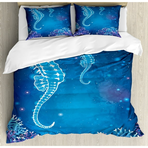 Animal Duvet Cover Set, Pipefish in Depth of the Ocean Neon Tones Secret Submarine Themed, Decorative 3 Piece Bedding Set with 2 Pillow Shams, Queen Size, Turquoise Purple, by Ambesonne
