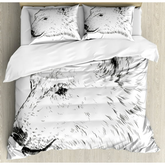 Animal Duvet Cover Set, Polar Bear Profile Engraved Ink Drawing Grizzly Furry Wildlife in North Zoo, Decorative 3 Piece Bedding Set with 2 Pillow Shams, Calking Size, Charcoal Grey White, by Ambesonne