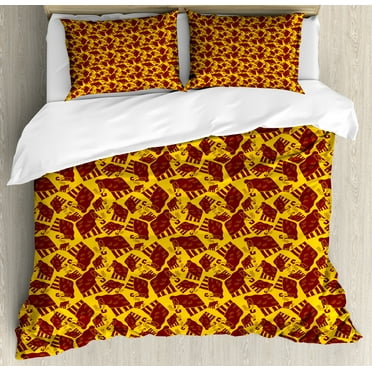 Animal Duvet Cover Set, Prehistoric Creature Pattern with Giant Jurassic Mammoth Repetition, Decorative 3 Piece Bedding Set with 2 Pillow Shams, Queen Size, Earth Yellow Burgundy, by Ambesonne