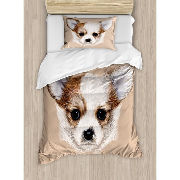 Animal Duvet Cover Set, Puppy Portrait Little Furry Friend Dog Pet Graphic Art, Decorative 2 Piece Bedding Set with 1 Pillow Shams, Twin Size, Pale Caramel Warm Taupe, by Ambesonne