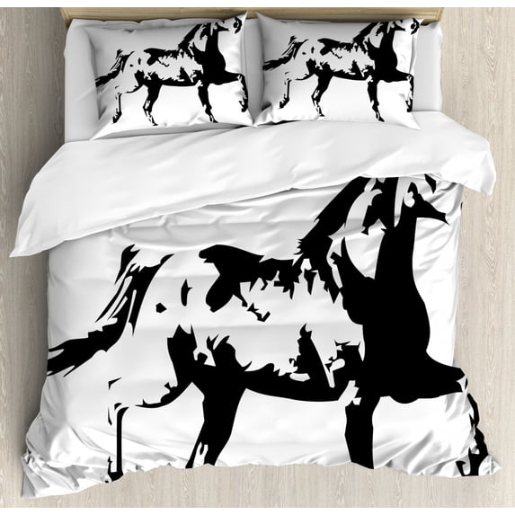 Animal Duvet Cover Set Queen Size, Animal Theme A Running Horse Silhouette Illustration in Monochromatic Style, Decorative 3 Piece Bedding Set with 2 Pillow Shams, Black and White, by Ambesonne
