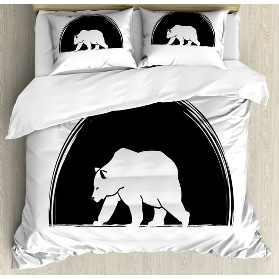 Animal Duvet Cover Set Queen Size, Big Polar Bear Walking Side View Furry Creature Arctic Mammal Illustration, Decorative 3 Piece Bedding Set with 2 Pillow Shams, Black and White, by Ambesonne