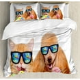 thumbnail image 1 of Animal Duvet Cover Set Queen Size, Cat Dog Pet with Sunglasses Eating Ice Cream Retro Cool Vintage Pop Artwork Image, Decorative 3 Piece Bedding Set with 2 Pillow Shams, Multicolor, by Ambesonne, 1 of 3