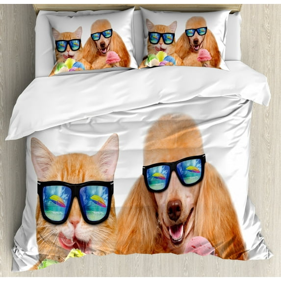Animal Duvet Cover Set Queen Size, Cat Dog Pet with Sunglasses Eating Ice Cream Retro Cool Vintage Pop Artwork Image, Decorative 3 Piece Bedding Set with 2 Pillow Shams, Multicolor, by Ambesonne