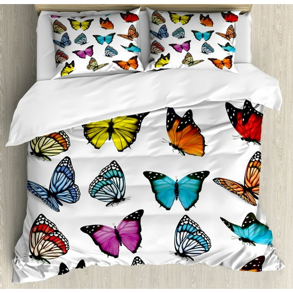 Animal Duvet Cover Set Queen Size, Colorful Butterflies Flying Artistic Composition Summertime Seasonal Animals Print, Decorative 3 Piece Bedding Set with 2 Pillow Shams, Multicolor, by Ambesonne