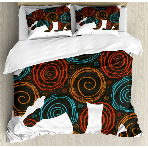 Animal Duvet Cover Set Queen Size, Cute Bear Silhouette Covered with Abstract Circular Spiral Shapes Dots Illustration, Decorative 3 Piece Bedding Set with 2 Pillow Shams, Multicolor, by Ambesonne