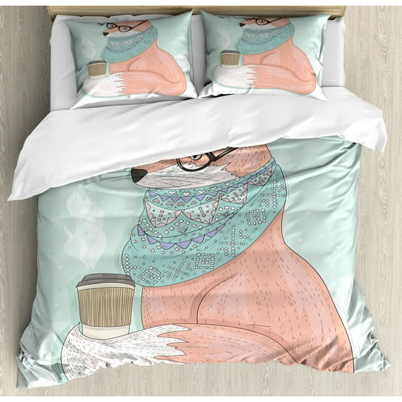 Animal Duvet Cover Set Queen Size, Cute Hipster Fox with Glasses and Scarf Drinking Coffee Hippie Illustration, Decorative 3 Piece Bedding Set with 2 Pillow Shams, Coral Mint Green, by Ambesonne