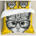 thumbnail image 1 of Animal Duvet Cover Set Queen Size, Sketchy Hand Drawn Design Baby Hipster Cat Cute Kitten with Glasses Image Print, Decorative 3 Piece Bedding Set with 2 Pillow Shams, Grey Mustard, by Ambesonne, 1 of 3