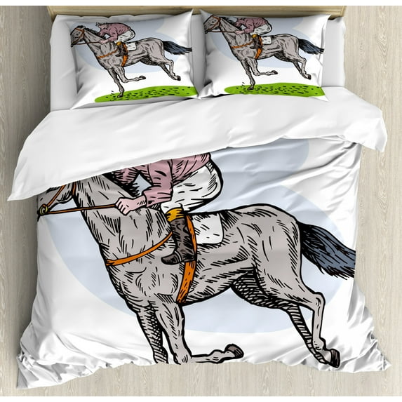 Animal Duvet Cover Set Queen Size, Sketchy Horse Racing Theme Jockey Pony Stallion Riding on Field Retro Illustration, Decorative 3 Piece Bedding Set with 2 Pillow Shams, Multicolor, by Ambesonne