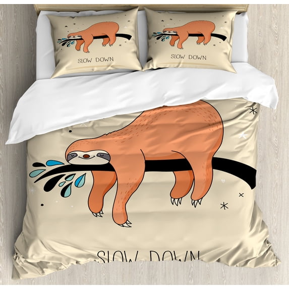 Animal Duvet Cover Set Queen Size, Sleeping Big Bear and Sloth Hanging on a Bench Cozy Lazy Wild Creature Image Print, Decorative 3 Piece Bedding Set with 2 Pillow Shams, Multicolor, by Ambesonne