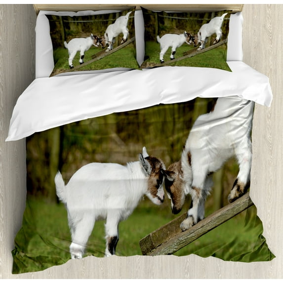 Animal Duvet Cover Set Queen Size, Two Cute Little Baby Goats on a Bench with Their Horns Picture Image Design, Decorative 3 Piece Bedding Set with 2 Pillow Shams, White and Green, by Ambesonne