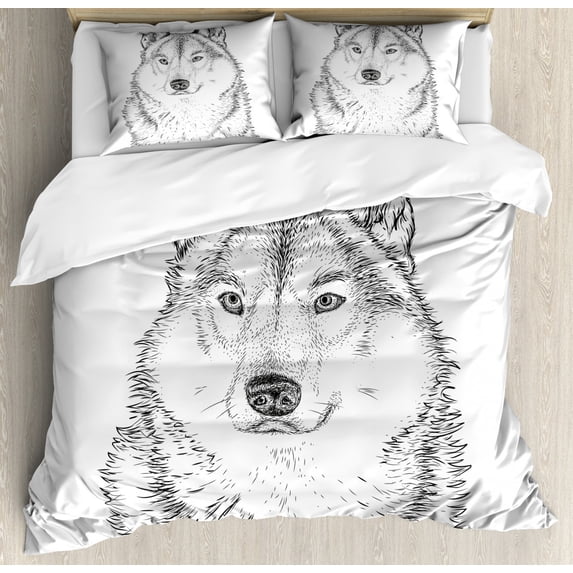 Animal Duvet Cover Set Queen Size, Wildlife Woods Winter Animal Wolf Dog Sketchy Hand Drawn Image Artwork Print, Decorative 3 Piece Bedding Set with 2 Pillow Shams, Black and White, by Ambesonne