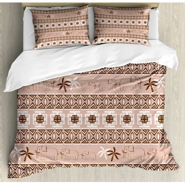 Animal Duvet Cover Set, Savannah Theme Pattern with Elephants and Palm Trees Illustration Artwork Print, Decorative 3 Piece Bedding Set with 2 Pillow Shams, Queen Size, Brown and Tan, by Ambesonne