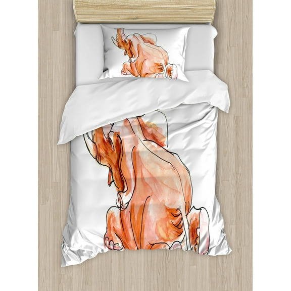 Animal Duvet Cover Set, Savannah Themed Creature Fall Down Pose in Watercolor Style Art Illustration, Decorative 2 Piece Bedding Set with 1 Pillow Shams, Twin Size, Orange and White, by Ambesonne