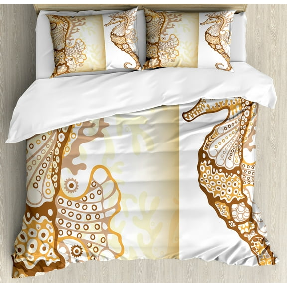 Animal Duvet Cover Set, Seahorse Marine Fishes Exotic Ocean Underwater World Aquatic Illustration, Decorative 3 Piece Bedding Set with 2 Pillow Shams, Queen Size, Cream Brown, by Ambesonne