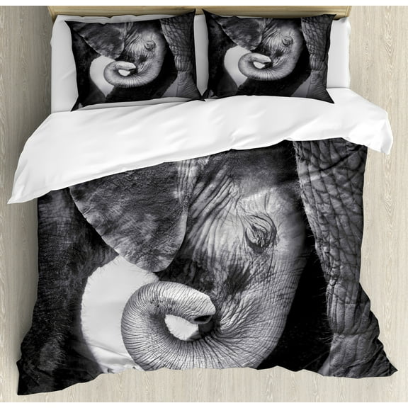 Animal Duvet Cover Set, Seeking Comfort Against Mother Monochrome Art Portrait, Decorative 3 Piece Bedding Set with 2 Pillow Shams, Calking Size, Charcoal Grey Pale Grey, by Ambesonne