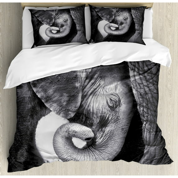 Animal Duvet Cover Set, Seeking Comfort Against Mother Monochrome Art Portrait, Decorative 3 Piece Bedding Set with 2 Pillow Shams, King Size, Charcoal Grey Pale Grey, by Ambesonne